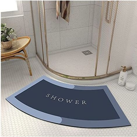 Tapis de Douche Incurvé Diatomite, Super Absorbant Tapis de Douche Arrondi en Quart de Cercle, Lavable Tapis Douche Angle Antidérapant pour Sortie de Cabine Douche,Bleu,45x100CM (1/5)