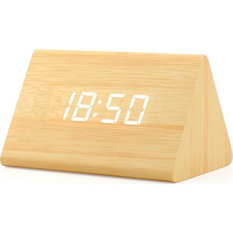 Digitaler Wecker, Wecker aus Holz, modernes Dreiecksdesign, zeigt Uhrzeit, Datum, Temperatur und Kalender an. (1/5)