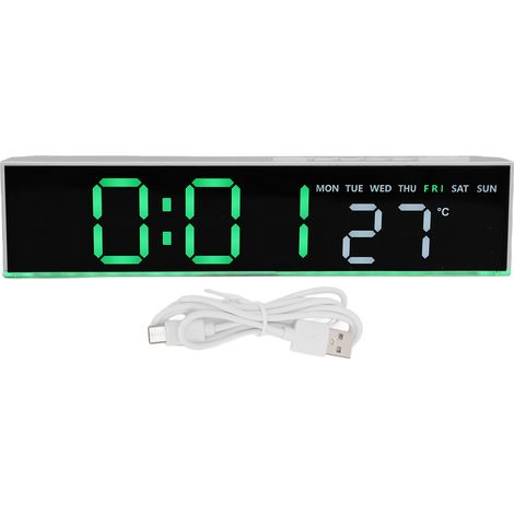 Réveil numérique LED grand écran avec variateur de volume et port USB, idéal pour les gros dormeurs. Boîtier blanc, éclairage vert. (1/5)