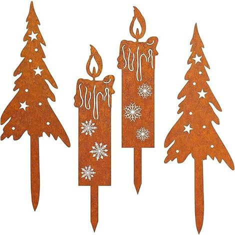 Lot de 4 DéCoration De Jardin RouilléE - Déco Arbre de Noël et bougies en Métal pour Jardin - Fiches Rouille - Décoration de jardin - Décoration de jardin en rouille - Pour Noël, le jardin, le balcon (1/5)