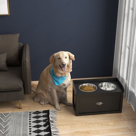 Supporto ciotole 60x30x36 cm con 2 ciotole inox nere e cassetto per cani grandi FloraGrace (1/5)