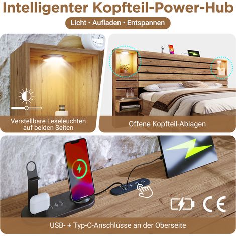Lit double bois 180x200 cm avec éclairage LED intégré et port USB-C, étagère lumineuse, chevets flottants, coffre de lit à tiroirs, finition chêne, sans matelas (1/5)