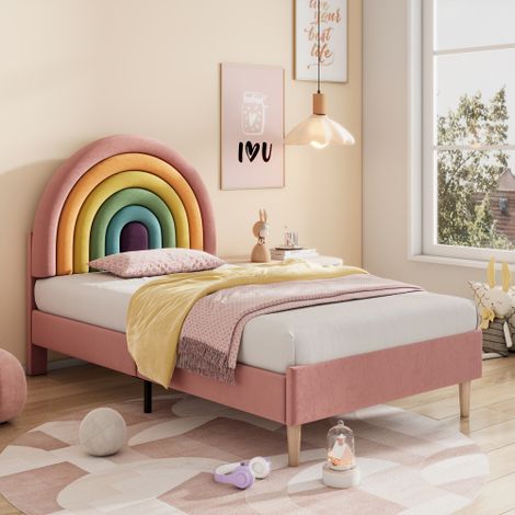 Adjustable Pink Velvet Youth Bed with Slatted Frame for Adults and Teenagers,Easy Assembly and Wooden Slat Support