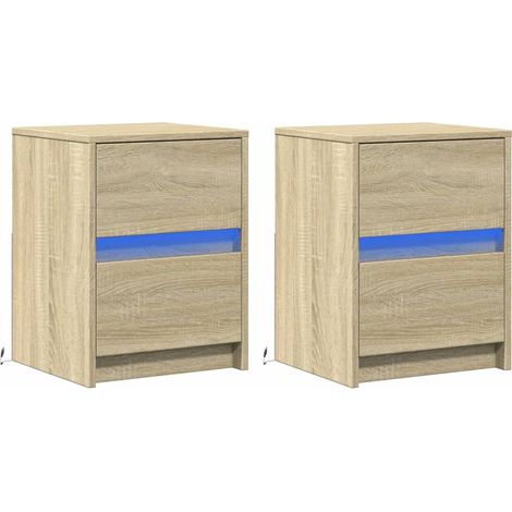 Juego de 2 mesitas de noche con cajones e iluminación LED 38 x 34 x 50 cm madera de ingeniería color roble DEC032849 (1/5)