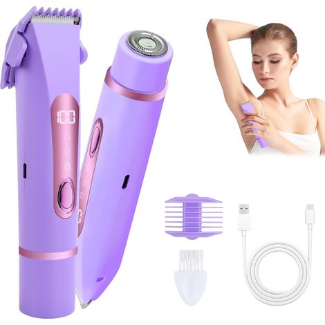 Women's Electric Shaver, 2 in 1 Women's Intimate Shaver, Women's Electric Shaver with LCD, Waterproof IPX7, Wet/Dry, Wireless, USB-C Rechargeable, for Face, Armpits, Legs, Arms (Purple) (1/5)