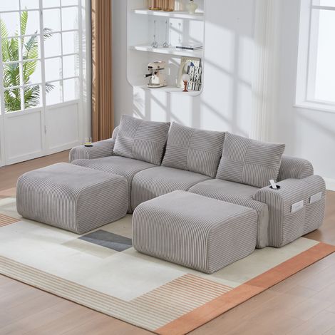 Divano modulare da 3 posti con 2 pouf, portabicchieri e tasca laterale, grigio chiaro, in velluto a coste (panno), 268x174x80 cm (1/5)