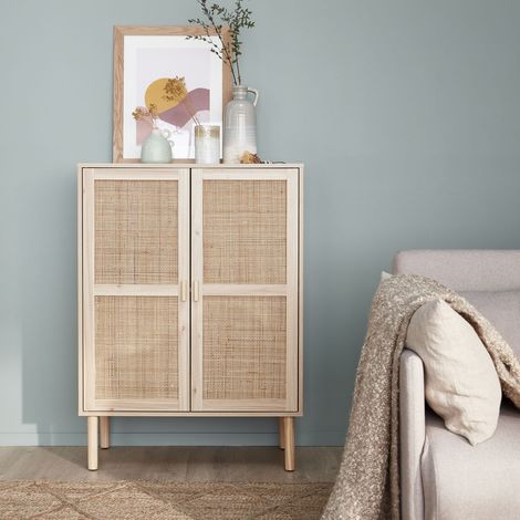 Credenza effetto canna e legno a 2 ante, 80cm (1/5)