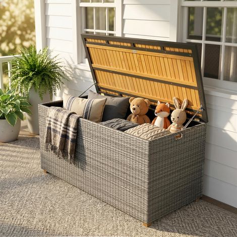 Coffre de jardin étanche 450 L en polyrotin avec couvercle en bois certifié FSC, vérins à gaz et doublure intérieure. (1/5)