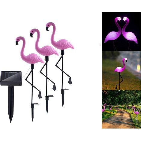 Lot de 3 lampes solaires LED étanches en forme de flamant rose pour jardin, à piquer, décoration paysagère (1/4)