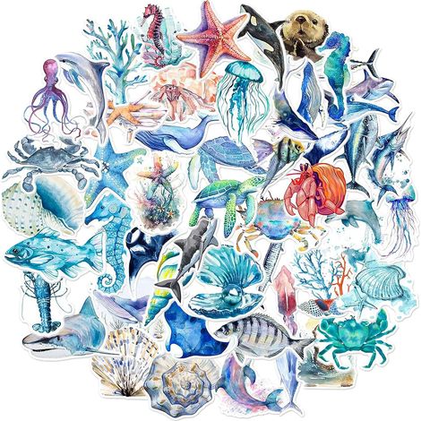 50 wasserfeste Aufkleber mit Meerestieren und Fischen unter Wasser. Ideal für Kindergeburtstage, Scrapbooking und Skateboarden. (1/4)