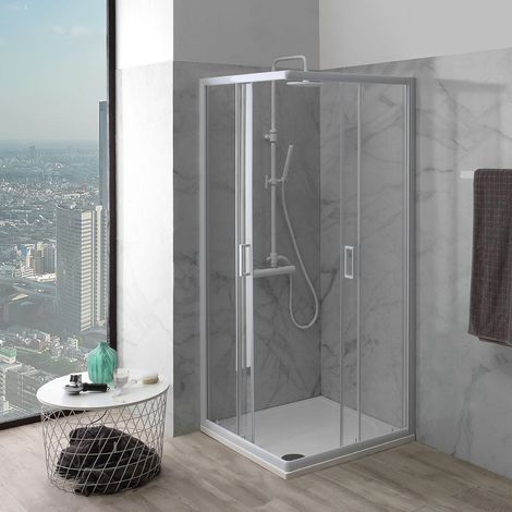 Kiamami Valentina – Cabine de douche carrée 70x70 cm – Verre trempé transparent 4 mm – 2 portes coulissantes sur roulettes – Système de fermeture magnétique