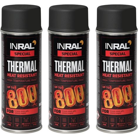 Peinture haute température INRAL Thermal 800 °C – émail silicone noir mat, séchage rapide, protection poêle & radiateur – 400 ml – Lot de 3 pièces (1/5)