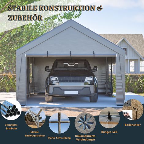 Abri de jardin 6x4x3 m, robuste face aux intempéries, parois latérales étanches, portes vitrées enroulables, protection UV, gris, pour garage voiture et stockage extérieur. (1/5)