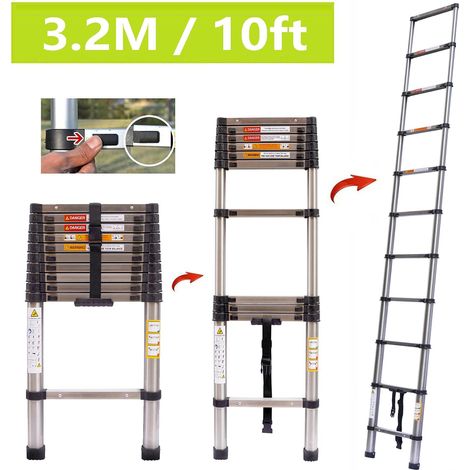 échelle télescopique de 3,2 m, échelle télescopique en acier inoxydable, échelle de toit domestique, échelle compacte polyvalente domestique, capacité de 330 LB, EN131 (1/5)