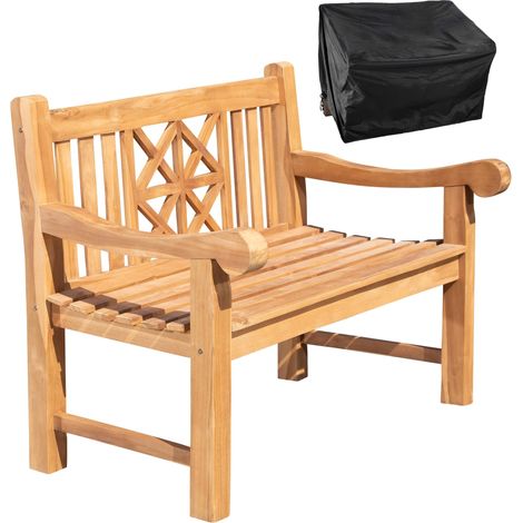 Banc de jardin dossier à croisillons 120 cm en bois de teck avec accoudoirs – Housse de protection incluse 100007988