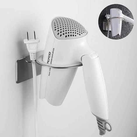 Support pour sèche-cheveux sans perçage, en acier inoxydable, auto-adhésif, avec range-câble pratique (1/2)