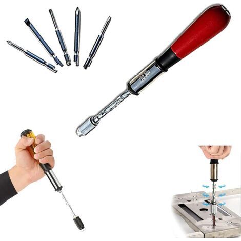 Federbelasteter Ratschenschraubendreher mit 5 austauschbaren Bits – Druckknopfverstellung, kompaktes und ergonomisches Design für einfache Handhabung. (1/4)