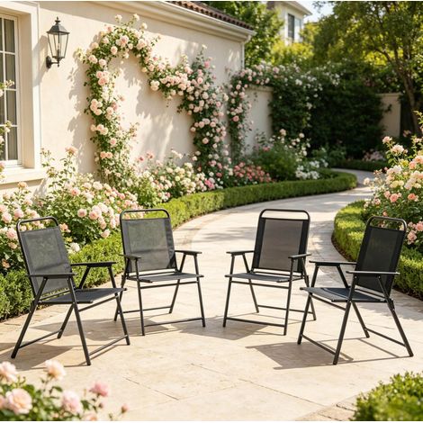 Lot de 4 chaises pliantes d’extérieur avec dossier haut et accoudoirs, acier noir et textilène (1/5)