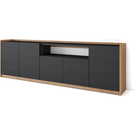 Skraut Home - Buffet salon et cuisine, Commode, 260x37x80cm, 5 Portes, Meuble chaussure, Noir et chêne (1/5)