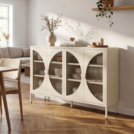 Industrielles Sideboard Aus Metall Mit 4 Türen In Beige Und Geriffeltem Glas 140cm Elio