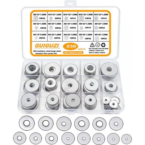 Rondelles plates, 230 pièces 304 en acier inoxydable Grandes rondelles métalliques, 15 tailles M3 M4 M5 M6 M8 M10 M12 pour la décoration de la maison,les usines,les cuisines, les magasins (1/5)
