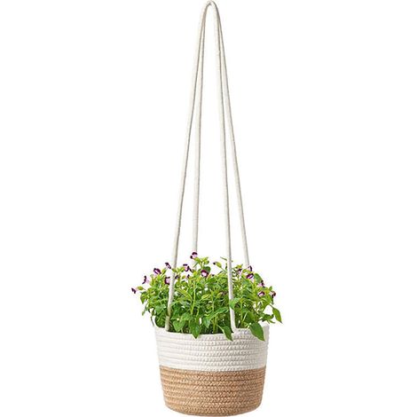 Panier suspendu de rangement [Boho chic] en corde de chanvre naturel à la main - Grand, élégant et durable (1 Pièce) (1/4)