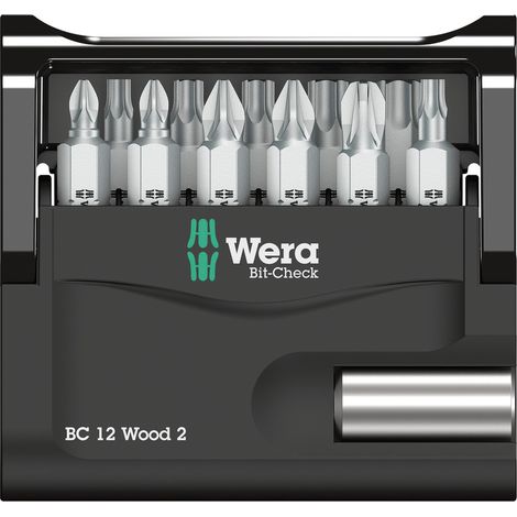 Wera Bit-Check 12 Wood 2 05057422001 Jeu d'embouts 12 pièces vis Pozidriv, cruciforme Phillips, Profil en T intérieur