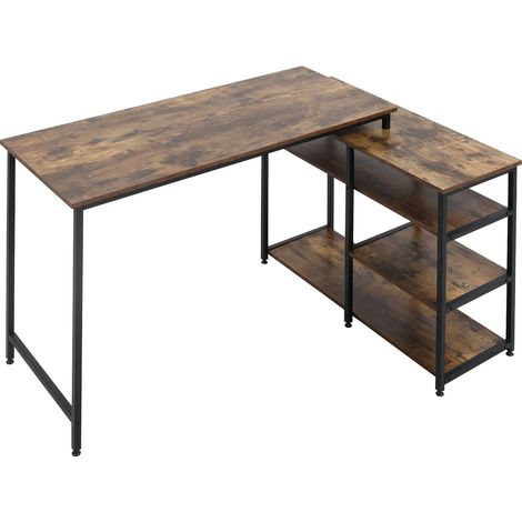 HOMCOM Bureau Informatique Design Industriel Bureau d'angle 3 étagères Aspect Vieux Bois métal Noir