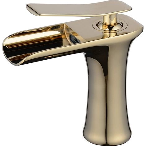Einhebel-Waschtischarmatur aus Messing, Warm- und Kaltwasserhahn mit Keramikkartusche, goldfarben, mit Wasserzulaufleitung (1/4)