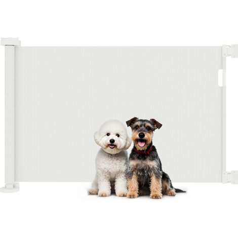 Barrière blanche rétractable pour chien avec interrupteur de sécurité 142x10x87 cm pour portes, escaliers et couloirs, accessoire sécurité design sobre pour intérieur pratique