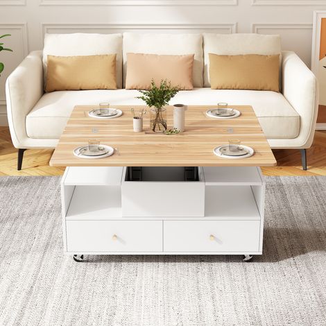 Table basse relevable réglable en hauteur avec fonction pliante et 4 tiroirs, 100 x 50 x 47,5 cm, une grande et une petite table relevable hydraulique, table de salon mobile avec roulettes universelle (1/5)