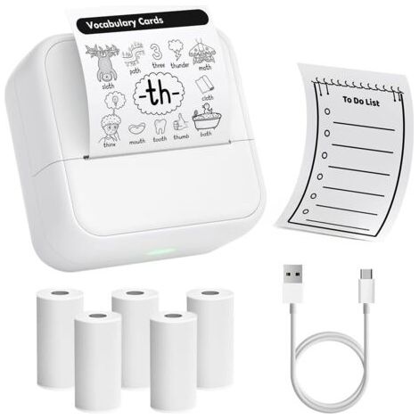Mini Imprimante, Imprimante Thermique Portable, Bluetooth Imprimante Photos sans Encre Imprimante Autocollants Compatible avec Android iOS pour Voyage, Notes d'Étude, Diagrammes (Blanc) (1/5)