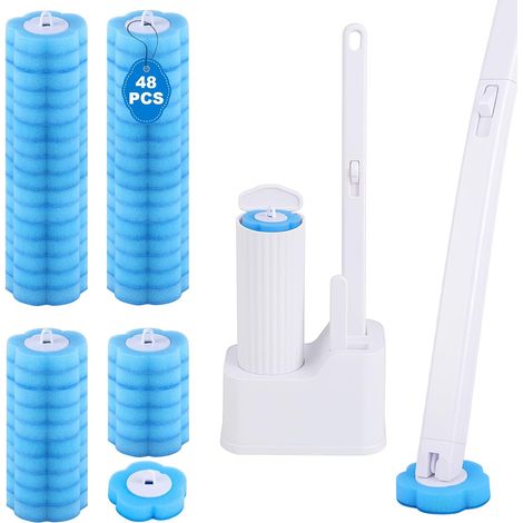 Brosse WC jetable avec 48 recharges, brosse WC avec support mural, brosse de cuvette de toilette avec baguette et boîte de rangement pour le nettoyage de la salle de bain (1/5)