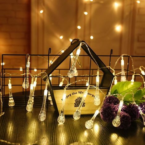 Chaîne lumineuse goutte d'eau 3m 20 LED intérieur batterie - Lumière décorative goutte d'eau pour chambre, Noël, fête - Blanc chaud (1/5)