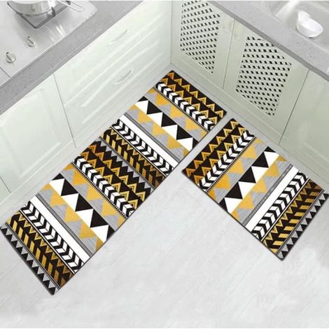 2 Pcs Tapis de Cuisine Devant Evier - 40 x 60cm et 40 x 120cm - Fond Antidérapant - Jaune Noir - Tapis de Bain (1/2)