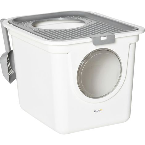 Bac à litière pour chat, design couvert, portes d'accès faciles, Blanc et Gris (1/2)