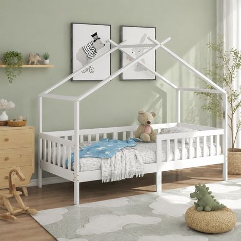 Cama cabaña infantil 200x90 cm de madera blanca, ahorra espacio, sin colchón FloraGrace (1/5)