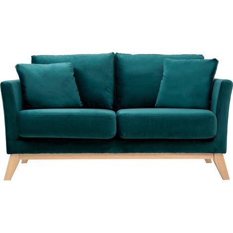 Divano scandinavo 2 posti velluto blu petrolio e piedi in legno chiaro OSLO