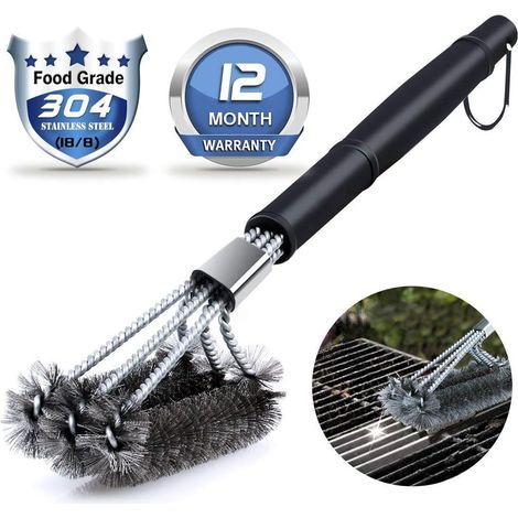 Brosse pour barbecue, trois têtes de brosse, 46 cm de long, avec manche antidérapant, en acier inoxydable, élimine facilement les taches tenaces et la rouille. (1/5)