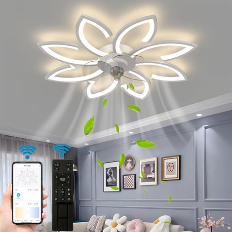 Ventilateur de plafond avec lumières, plafonnier LED à intensité variable 3 couleurs, télécommande et application, 6 vitesses, minuterie, 90 cm