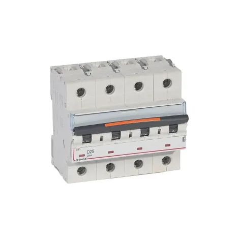 Disjoncteur DX 25kA arrivée haute et départ bas à vis 4P 400V 25A courbe D 6 modules (409848)