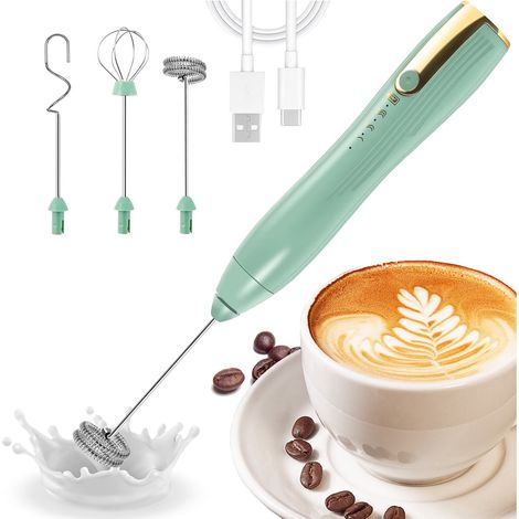 Mélangeur mousseur à lait électrique, BRILLSTEN, batterie rechargeable USB, avec 2 têtes, 3 niveaux de vitesse, idéal pour cappuccino, café au lait, chocolat chaud, œufs, lait, Vert (1/5)