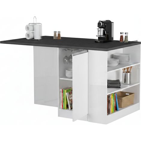 Dmora - Isola da cucina Osvaldo, Tavolo ausiliario portaoggetti, 100% Made in Italy, 160x90h90 cm, Bianco lucido e Ardesia, con imballo rinforzato