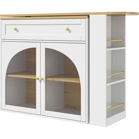 Table de bar extensible avec rangement, MDF blanc, plateau 138-204×39×104 cm, rotation 360° (1/5)