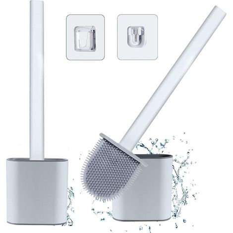 ZOLGINAH Brosse WC avec support (Lot de 2) – Brosse WC en silicone avec long manche en plastique antidérapant et kit de support à séchage rapide (sol/mur), brosse de salle de bain avec poils en silico (1/5)