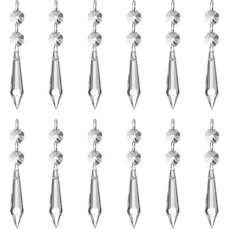 Lot de 12 pendentifs en cristal transparent effet prisme de glace (62 mm), avec 12 perles octogonales et anneaux, pour lampe, jardin, fête, Noël, mariage. (1/5)