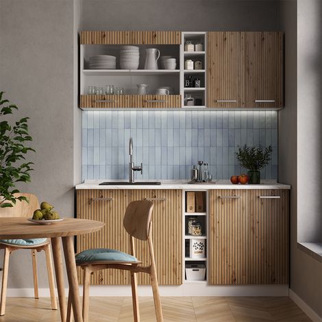 Cocina versátil R-Line, Roble artesanal/blanco, 160 cm , ET Mármol, Vicco