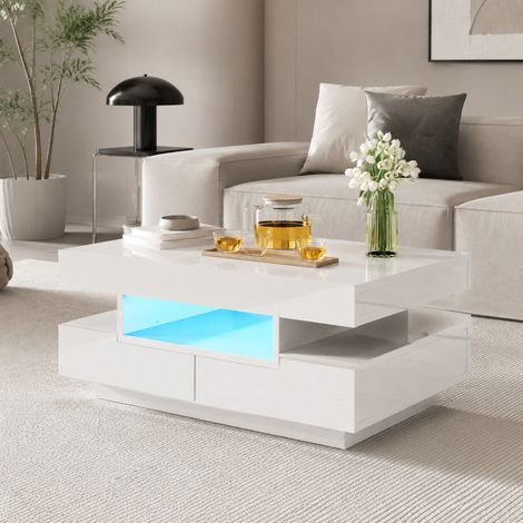 Tavolino da salotto con LED, 80 x 50 x 36 cm, 4 cassetti e 3 vani aperti, bianco lucido DESVIAE (1/5)