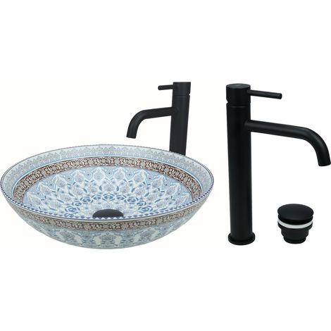 GTM Design Aufsatzwaschbecken 40 cm Glanz Set mit Waschtischbatterie und Stopfen - Aufsatzwaschbecken Oval für Badezimmer - Modernes Waschbecken ohne Hahnloch - Waschbecken mit Armature (1/5)