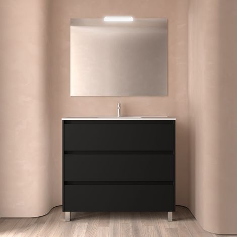 Badezimmermöbel NOJA 1000 3 Schubladen BLACK SATIN + Waschtisch + Spiegel
